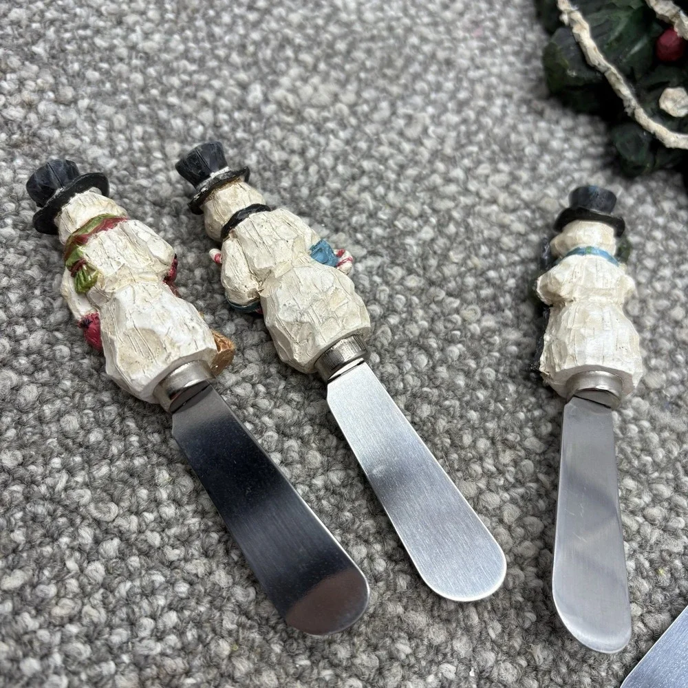 Snowman Cheese Butter Jam Spreaders In Festive Christmas Tree Holder Resin‎